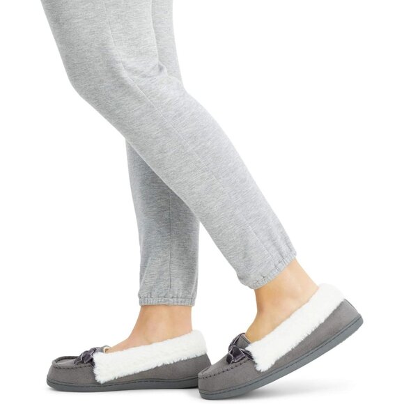 Women's Gray Bow Faux Fur Collar Pull On Plush Lining Slipper Boot Shoes - Picture 6 of 8